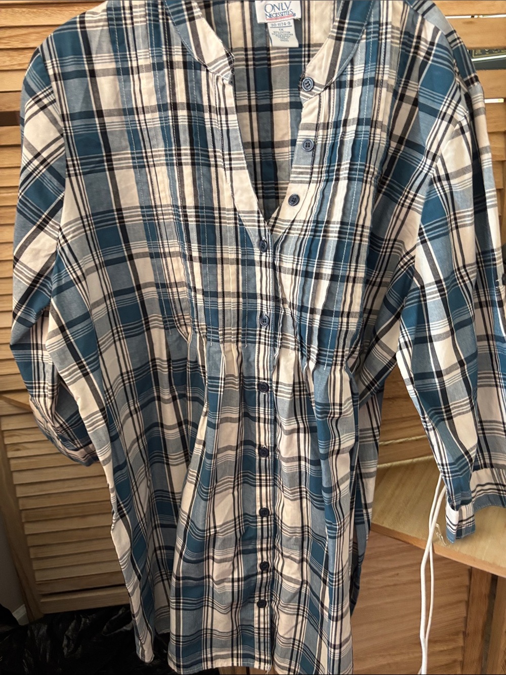 Only Necessities Blue and Cream Plaid Button-Front Shirt 1X